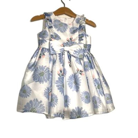 Pippa & Julie Girls A-Line Dress White Blue Floral Crew Sleeveless Lined Bow 24M - Picture 1 of 10